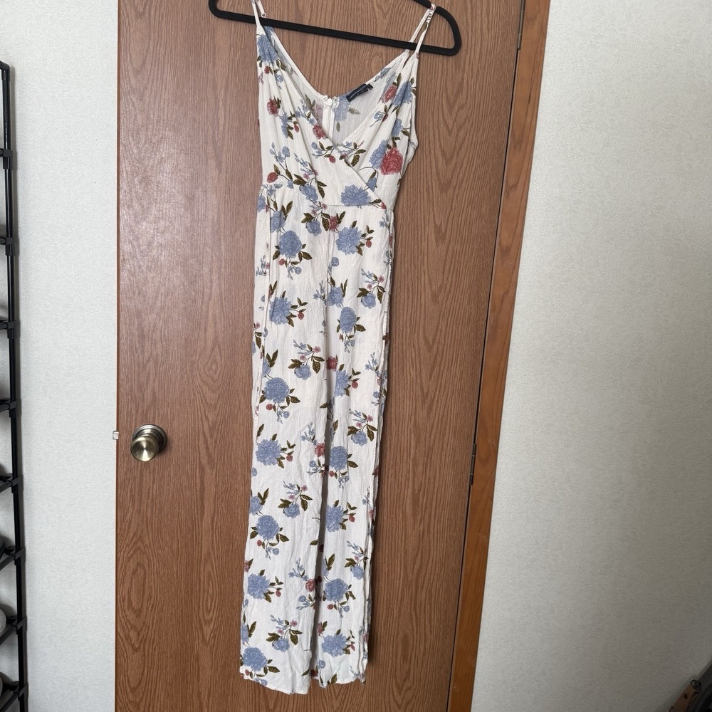American Eagle Women's 8 Floral Linen Jumpsuit Leg Slits Romper Wide‎ Leg Boho